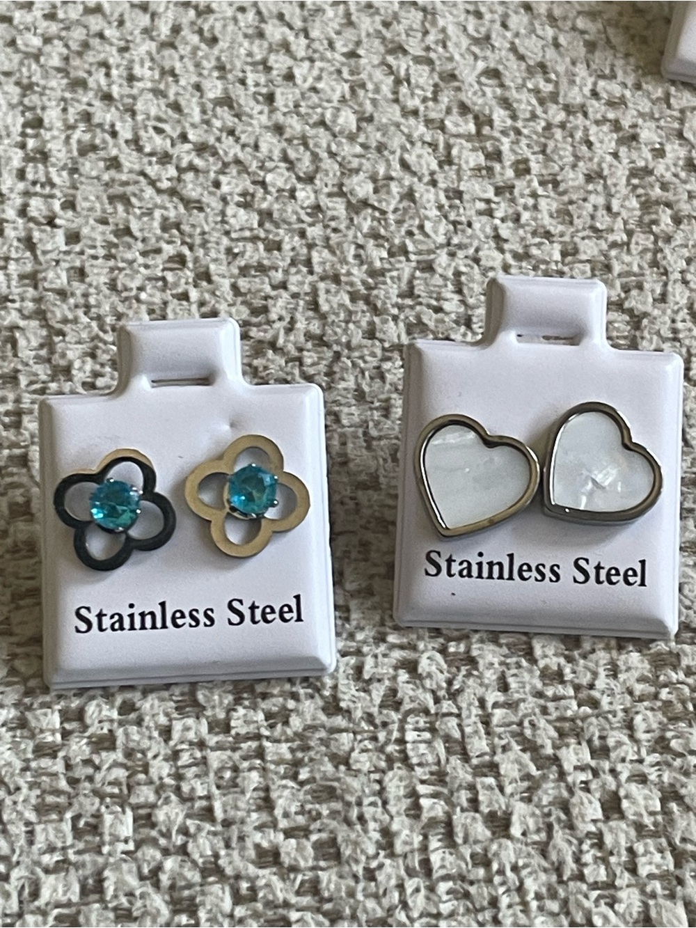 Blue Crystal Flower & White Heart Stud Earrings - Set of 2